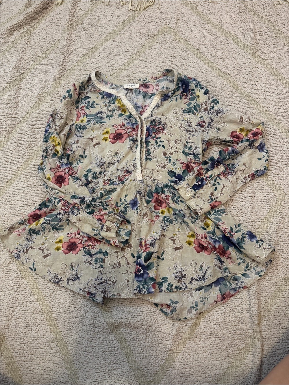 Umgee Floral Boho Peplum Blouse Small Lace Trim Cottagecore Top